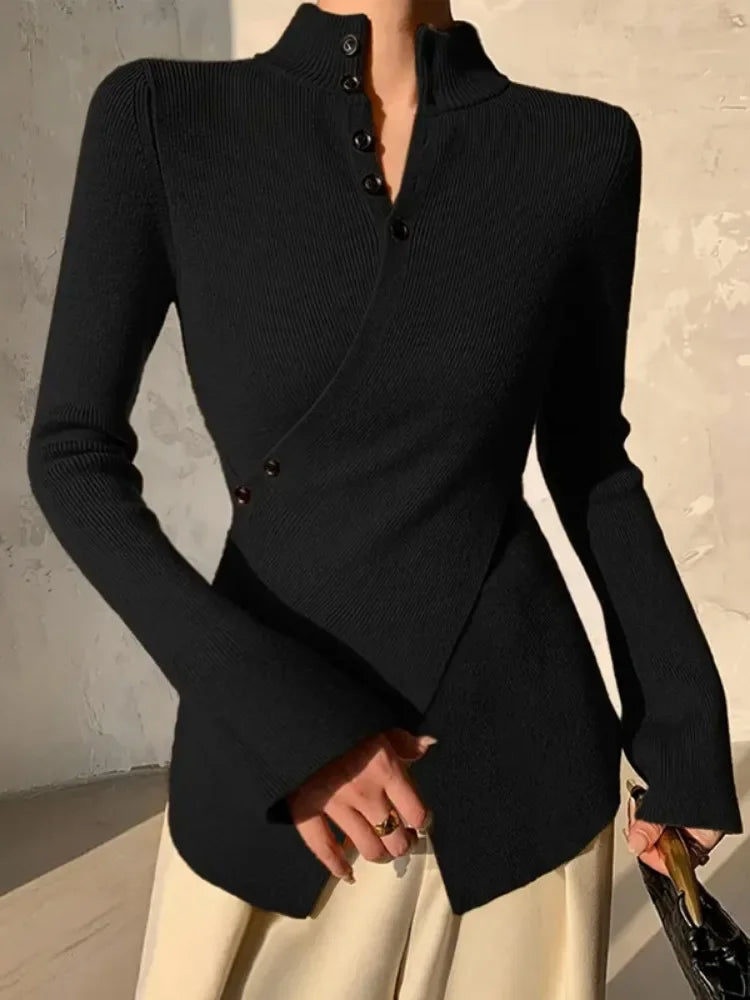 Gymystars Women's Knitted Sweater Skinny Tops Sexy V-neck Long Sleeves Asymmetric Cross Buttons Autumn Female Elegant T-shirt