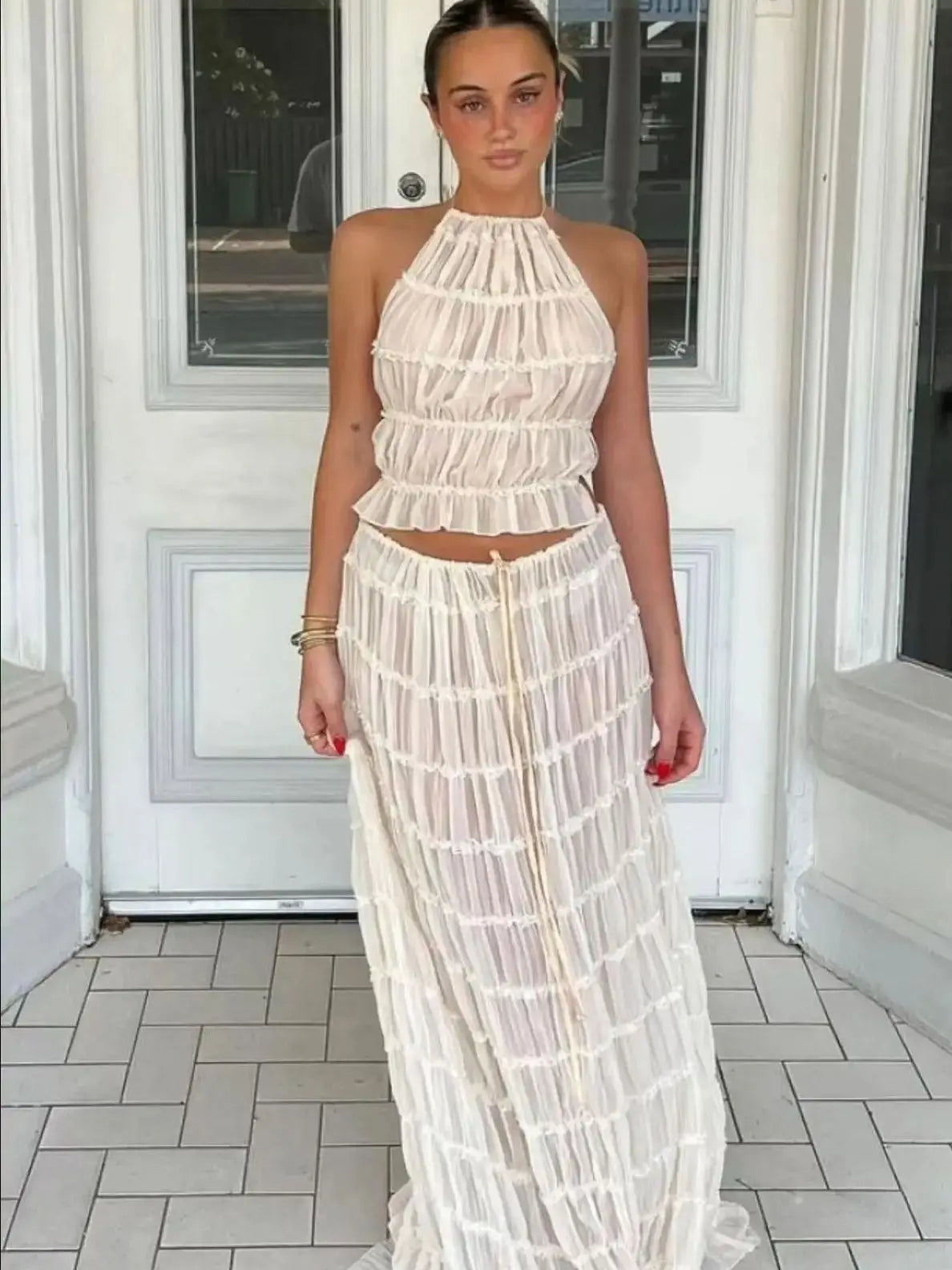 Fashion Halter Neck Long Skirt Suit Women Backless Sling Top Lace Up Fold Maxi Skirts 2026 New Summer Female 2 Piece Set Outfits