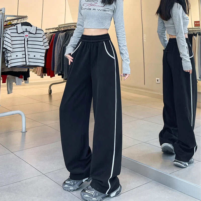 2026 Fashion Stripe Wide Leg Sweatpants For Women Autumn Winter Elastic Waist Straight Trousers Loose Slim All Match Casual Pant