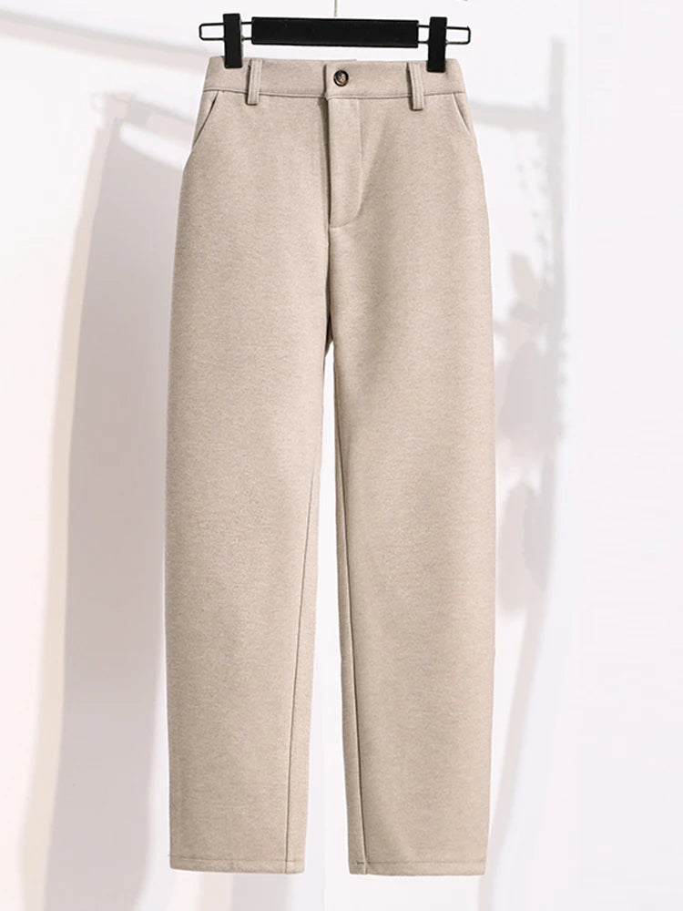 Plus Size Woolen Pants Women 2026 Autumn Winter New Arrivals Beige Or Black Suit Pants Trousers Korean Style Elastic Waist Pants