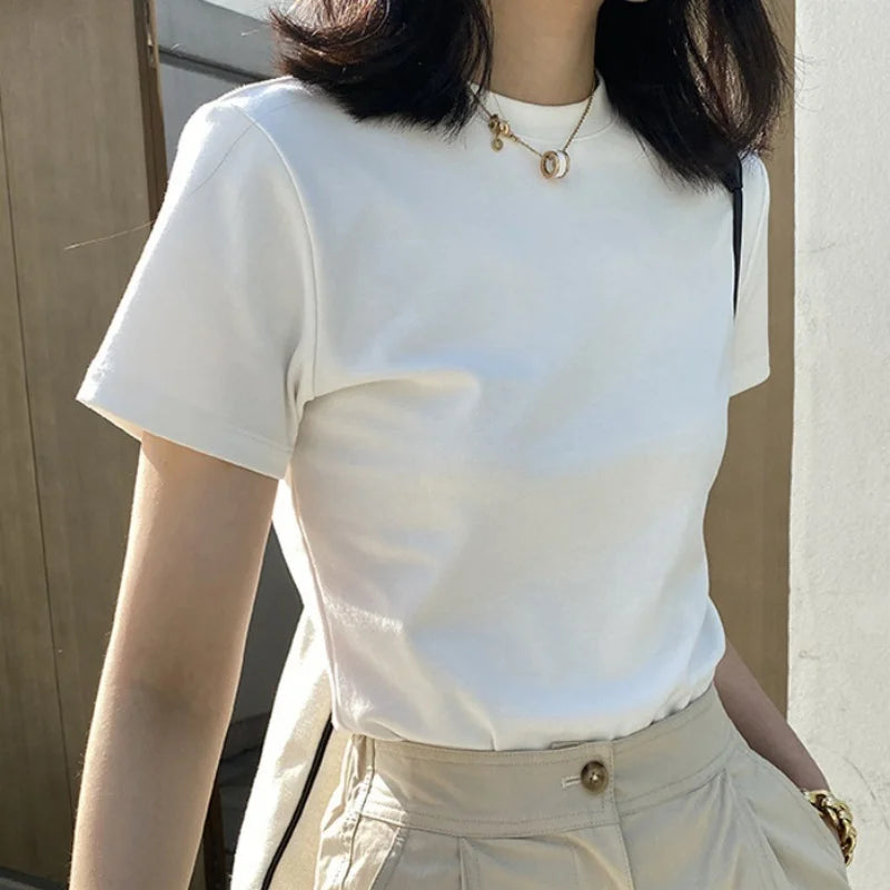 2026 Fashion Women Cotton Half High collar Short Sleeve T-shirts Summer Solid Color Elegant Tee Casual Tops