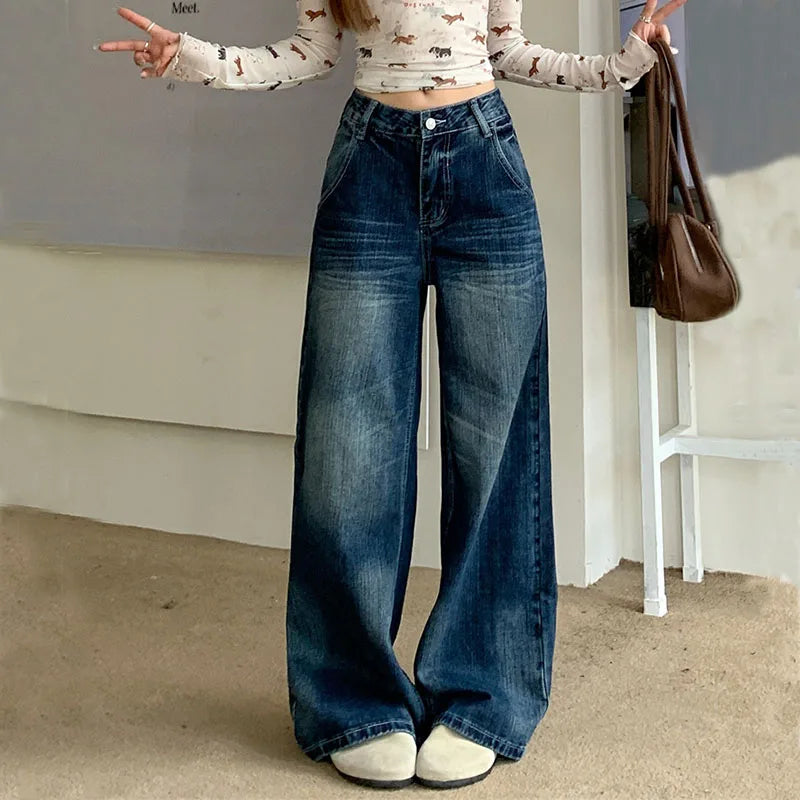 2026 Autumn Women's Y2K Jeans Dongdaemun Navy Back Whisker Jeans Loose Straight Leg Casual Denim Pants 2742