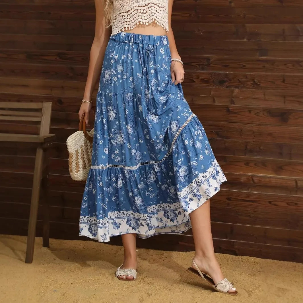 Happie Queens Women Floral Print Summer Elastic Waist Pleasted Boho Skirt Rayon Cotton Bohemian Beach A-line Maxi Skirts