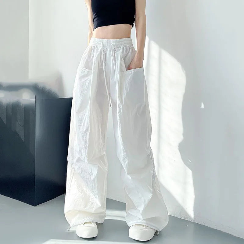 Women's Retro High Street Baggy Pants 2026 Summer Thin Breathable Parachute Pants Oversized Drawstring Pocket Wide Leg Trousers