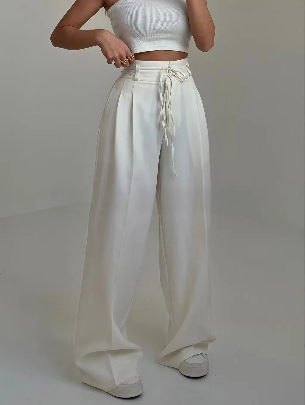 Women's Fashionable and Casual Design High Waisted Lace Up Slim Straight Leg Pants 2026 New Style